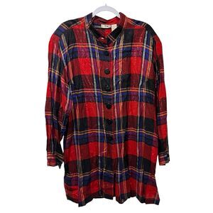 VJ Woman Tunic Top Plaid Metallic Yarn Size 24W Red Blue Vintage Button Up